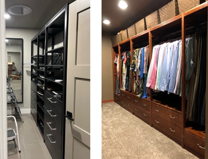 Custom wood closet in cherry and black finishes