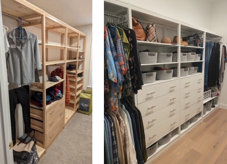Custom wood closet combining white and natural finishes